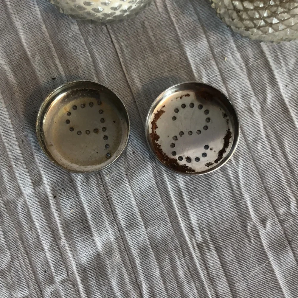 Vintage 1960s Salt & Pepper Shakers Cut Glass Beveled & Pfalzgraff napkin holder